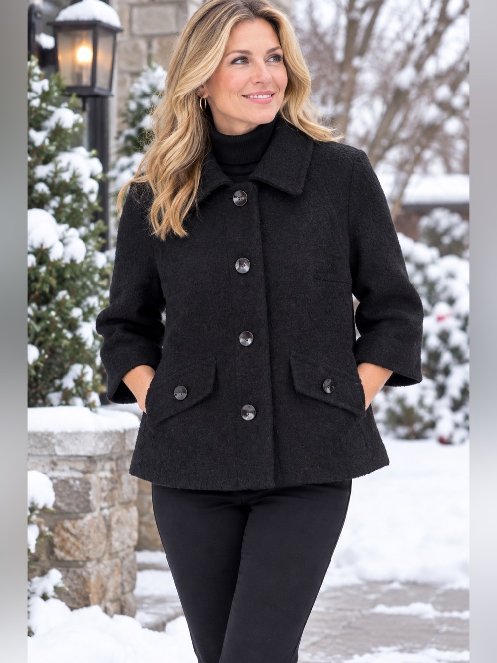 Spense Classic Blazer Jacket Black Wool Blend Womans 3/4 sleeves Sz L Pockets